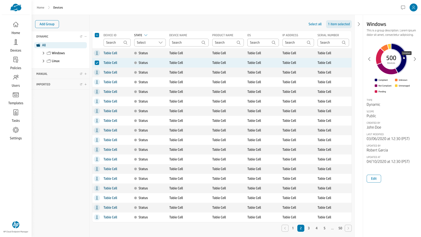 Device list with a Dynamic/Manual/Imported group tree on the left, a sortable device table in the center, and a group detail panel on the right showing a compliance donut and metadata.